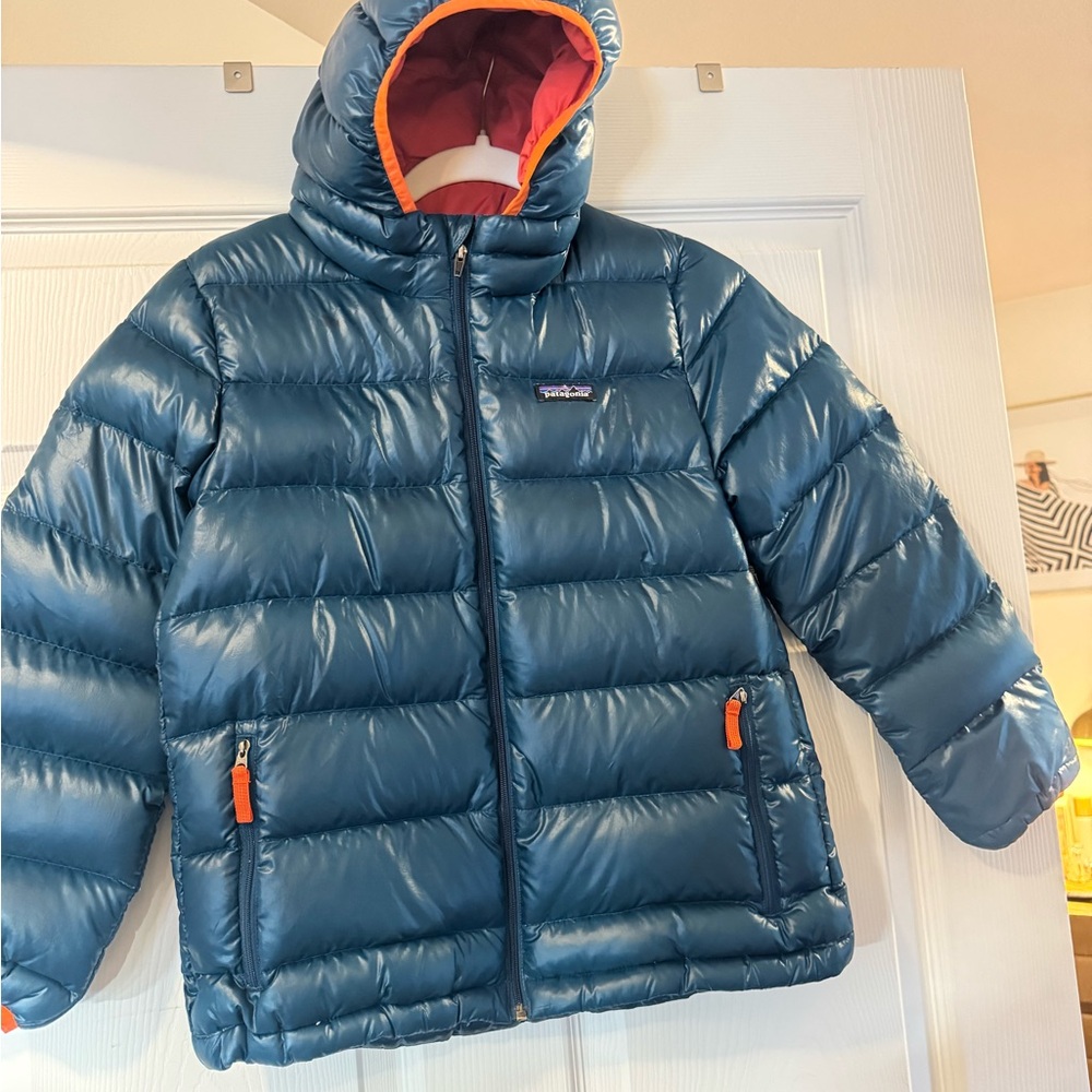 Patagonia Teal Puffer Jacket with Orange Trim
